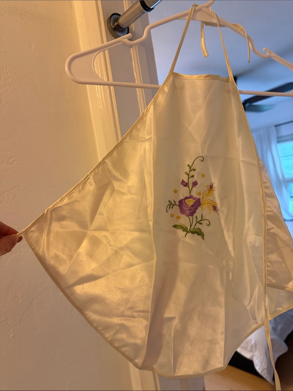 Silky Cream Halter Top with Purple Floral Embroidery